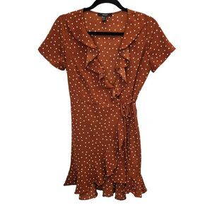Forever 21 Women's M White Polka Dot Rust Ruffle Wrap Mini Dress